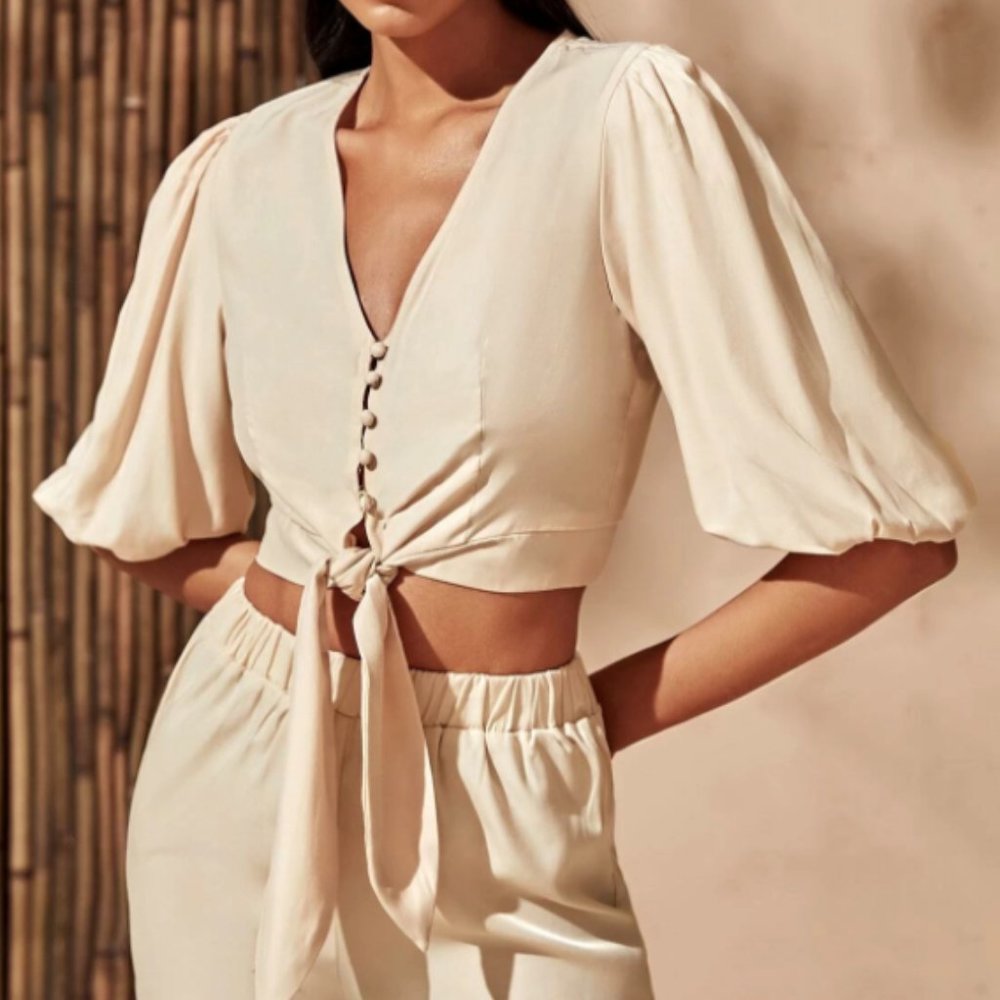 SHEIN Tie Front Puff Sleeve Crop Top Cream - Picture 1 of 5